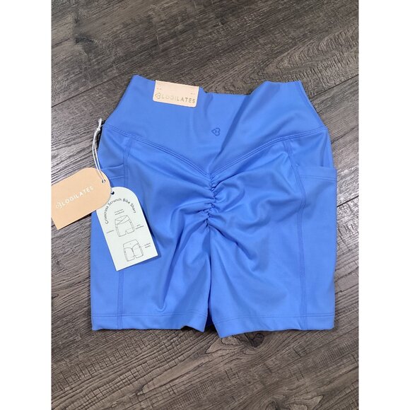 Blogilates Womens Blue Crossover Crunch Biker Shorts Size S Gymwear Athletic NWT - Picture 2 of 8
